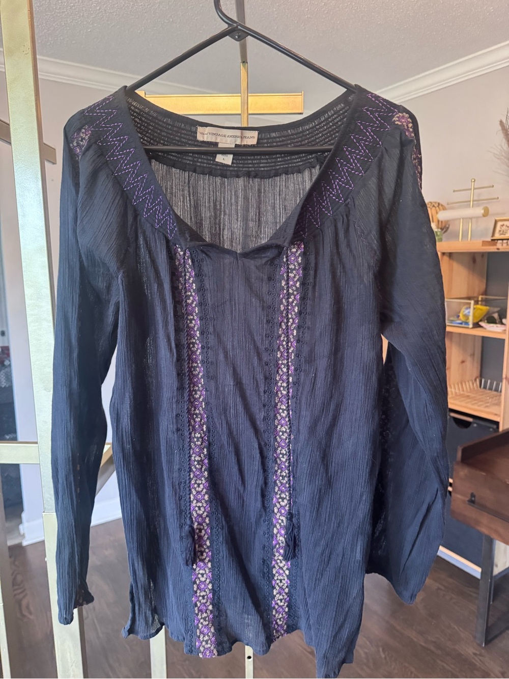 Vintage America Blue Peasant Tunic with Purple Embroidery